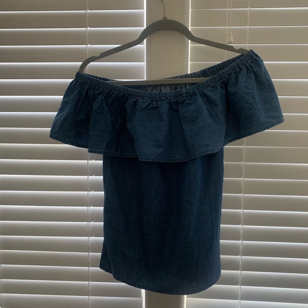 Off the shoulder denim blouse.